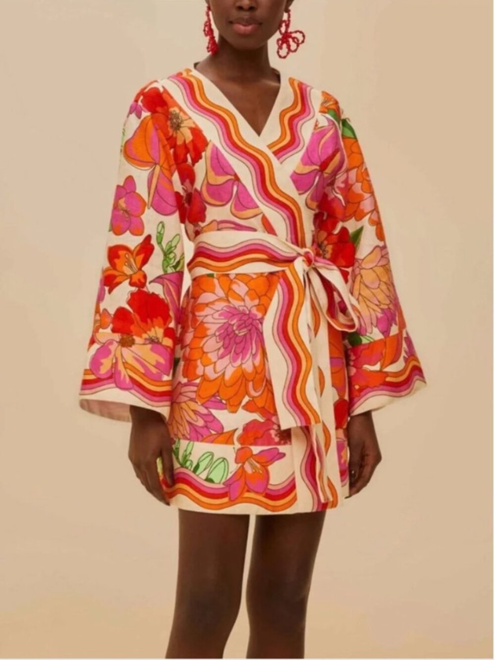Farm Rio Linen Wrap Colorful kimono mini dress size S